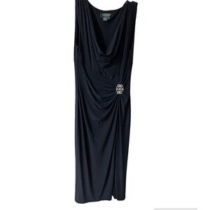 LAUREN RALPH LAUREN EVENING Maxi Dress Womens Sz 8 Faux Wrap Gown Navy Brooch